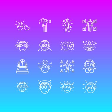 16 emoji simgeler çizgi stili Illustration. Doğum, masum, vizyon ve diğer simge öğeleri düzenlenebilir kümesi.