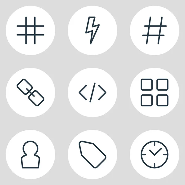 Ilustración de 9 iconos de aplicación estilo de línea. Conjunto editable de tiempo, etiqueta, perno y otros elementos del icono . — Foto de Stock