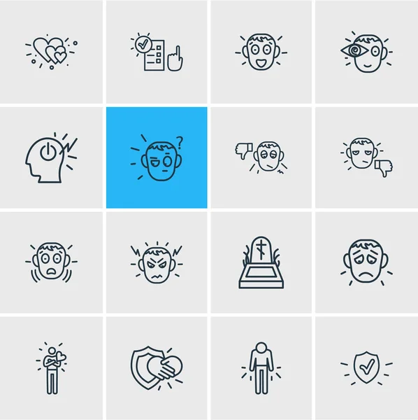 Ábra 16 emoji ikonok vonalstílus. Szerkeszthető sor meglepett, bűncselekmény, védelmi és egyéb ikon. — Stock Fotó
