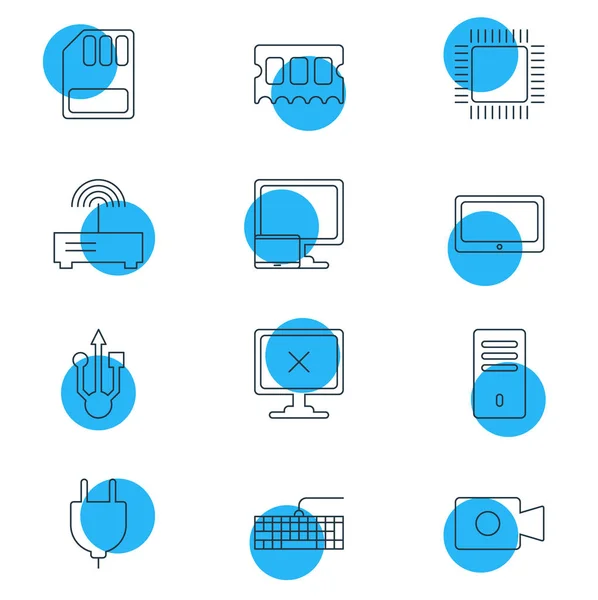 Ilustracja 12 komputera ikony stylu linii. Można edytować zestaw urządzenia wideo, karty sd, komputer w trybie offline i inne elementy ikony. — Zdjęcie stockowe