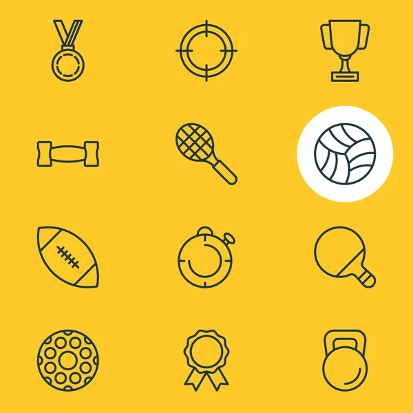 Ilustración de 12 iconos del deporte estilo de línea. Conjunto editable de golf, barra de pescar, recompensa y otros elementos del icono . — Foto de Stock