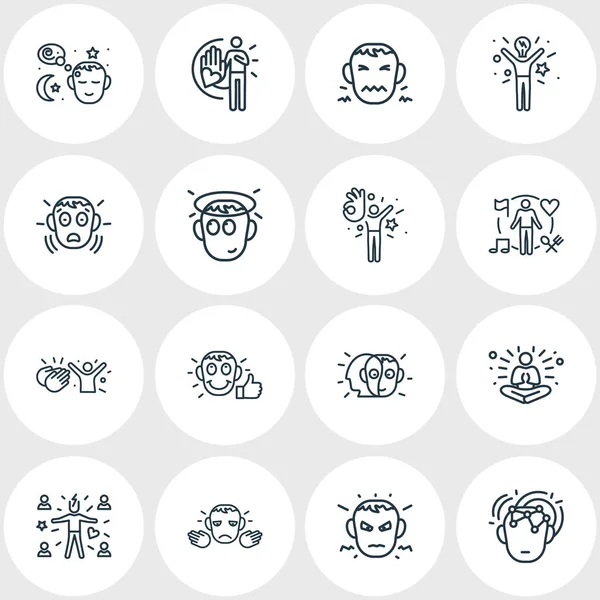 Illustration av 16 emoji ikoner linjeformat. Redigerbara uppsättning oskyldiga, intelligens, nöjd och andra ikonen element. — Stockfoto
