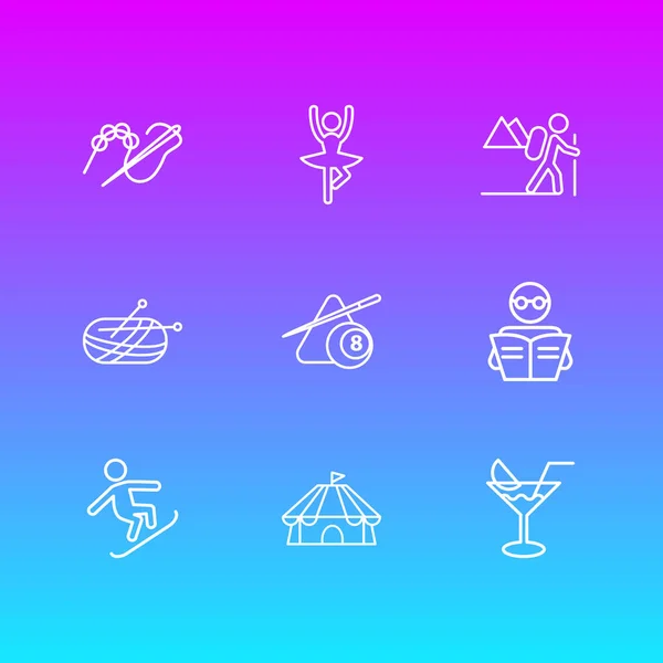 Illustratie van 9 hobby pictogrammen lijnstijl. Bewerkbare set lezen, cirque, breien en andere elementen van het pictogram. — Stockfoto