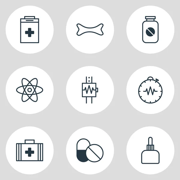 Ilustración de 9 iconos de salud estilo de línea. Conjunto editable de fármacos, urnas, cardiogramas y otros elementos del icono . — Foto de Stock