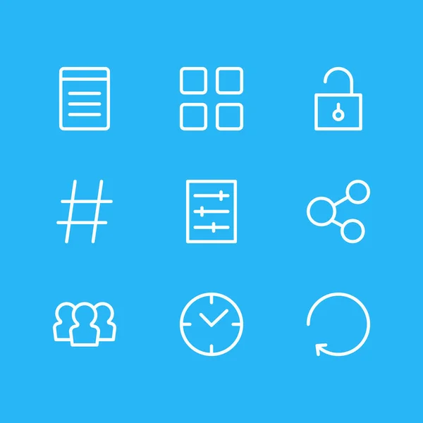 Illustrazione di 9 icone app stile linea. Set modificabile di aggiornamento, miniature, impostazione e altri elementi icona . — Foto Stock
