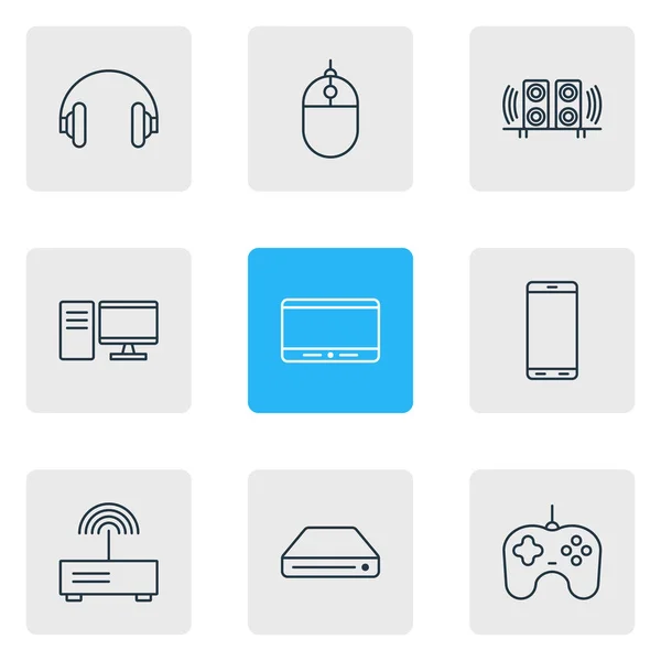 Ilustración de 9 iconos de hardware estilo de línea. Conjunto editable de teléfonos celulares, tabletas, gamepad y otros elementos de iconos . — Foto de Stock