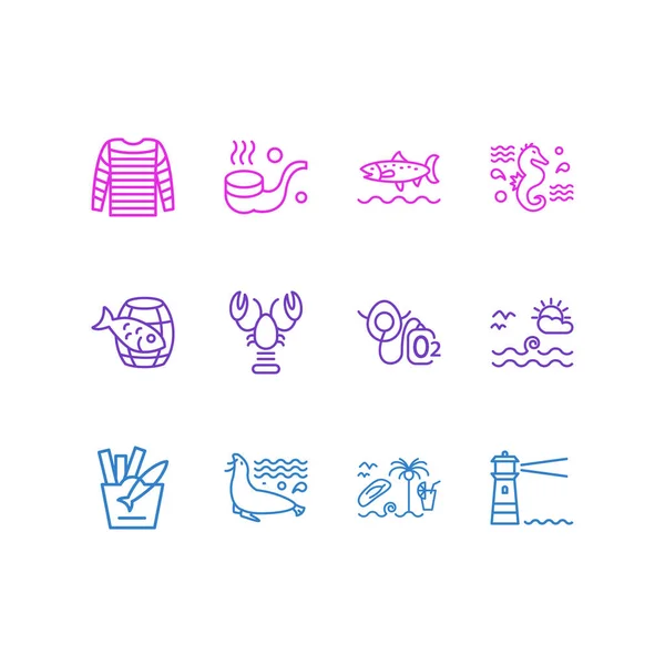 Иллюстрация стиля линии из 12 морских икон. Столовый набор из лобстеров, рыбы с чипсами, кислородной маски и других иконических элементов . — стоковое фото
