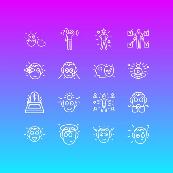 Ilustración de 16 iconos emoji estilo de línea. Conjunto editable de nacimiento, inocente, visión y otros elementos del icono . —  Fotos de Stock