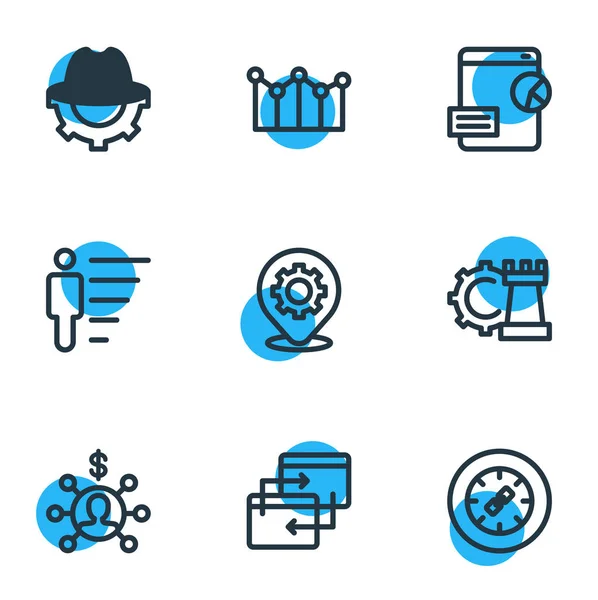 Illustration de 9 icônes publicitaires style ligne. Ensemble modifiable de marketing d'affiliation, développement de jeu, campagne adwords et autres éléments d'icône . — Photo
