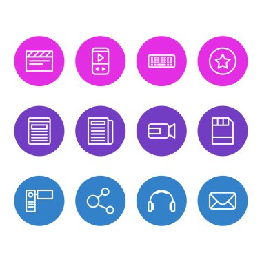 12 medya simgeleri çizgi stili vektör Illustration. Player, video kamerası, kulaklık ve diğer simge öğeleri düzenlenebilir kümesi.