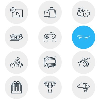 12 yaşam tarzı simgeleri çizgi stili vektör Illustration. Tv, kimya, bowling ve diğer simge öğeleri düzenlenebilir kümesi.