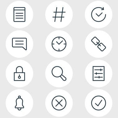 12 uygulama simgeleri çizgi stili vektör Illustration. Bell, onay, zaman ve diğer simge öğeleri düzenlenebilir kümesi.