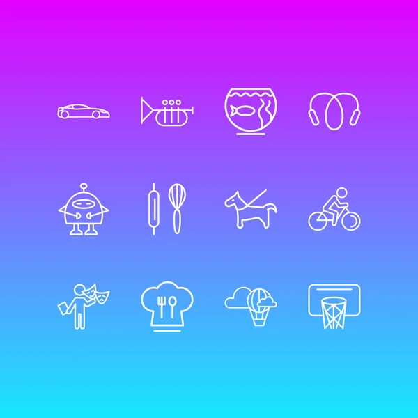 Ilustración vectorial de 12 iconos de entretenimiento estilo de línea. Conjunto editable de mascotas, ciclismo, coche deportivo y otros elementos del icono . — Archivo Imágenes Vectoriales