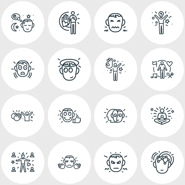 Ilustración vectorial de 16 iconos de emociones estilo de línea. Conjunto editable de inocentes, inteligencia, satisfechos y otros elementos del icono . — Vector de stock