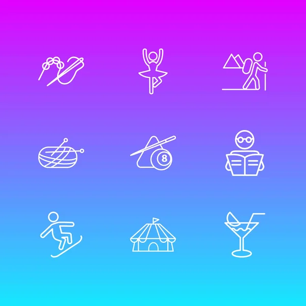 Ilustração vetorial de 9 ícones de hobby estilo linha. Conjunto editável de elementos de leitura, circo, tricô e outros ícones . —  Vetores de Stock