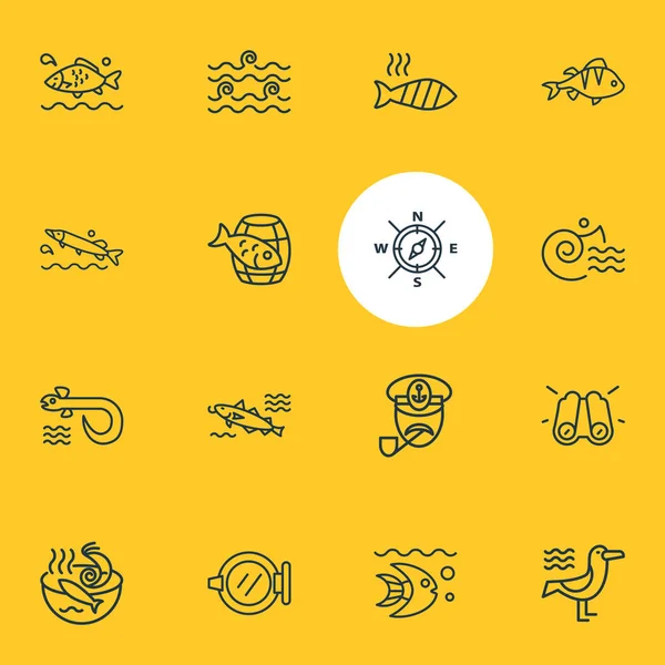 Vektorillustration von 16 Marine-Symbolen Linienstil. editierbares Set aus Fass mit Fisch, Fernglas, Barsch und anderen Symbolelementen. — Stockvektor