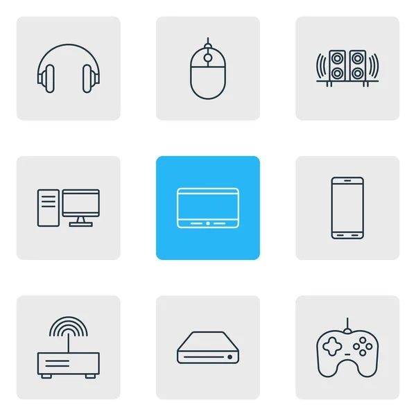 Ilustração vetorial de 9 ícones de dispositivo estilo de linha. Conjunto editável de celular, tablet, gamepad e outros elementos de ícone . — Vetor de Stock