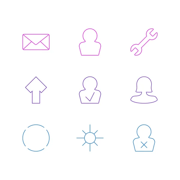 9 人のユーザ アイコン ライン スタイルのベクトル イラスト。編集可能な一連の手紙、確認されたメンバー、ブロックされたプロファイルおよびアイコンの他の要素. — ストックベクタ