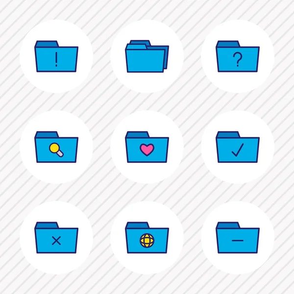 Ilustración vectorial de 9 iconos de carpeta de línea de color. Conjunto de preguntas editables, carpeta compartida, caso de documento y otros elementos del icono . — Vector de stock