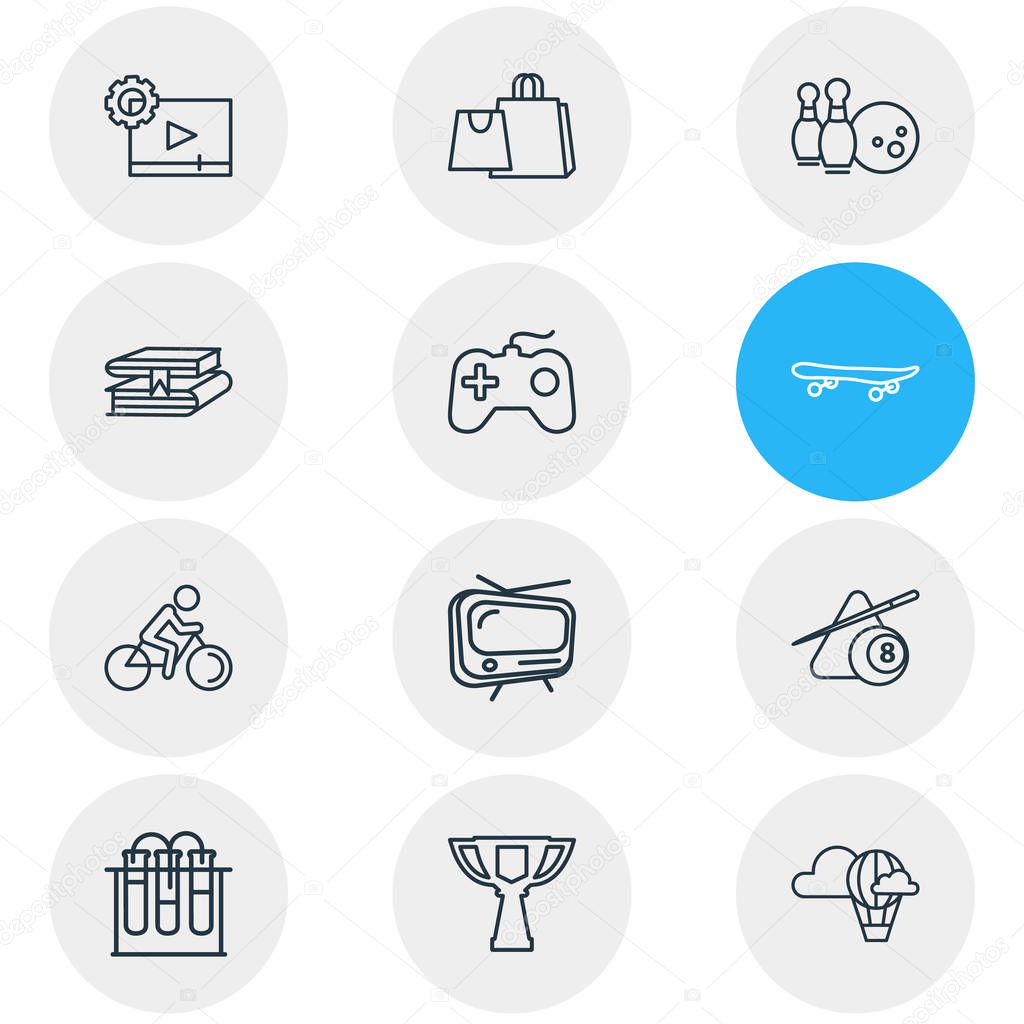 Vector illustration of 12 lifestyle icons line style. Editable set of tv, chemistry, bowling and other icon elements.
