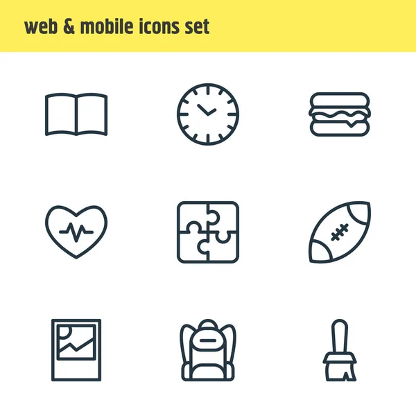 illustration of 9 lifestyle icons line style. Editable set of clock, rugby, burger and other icon elements.