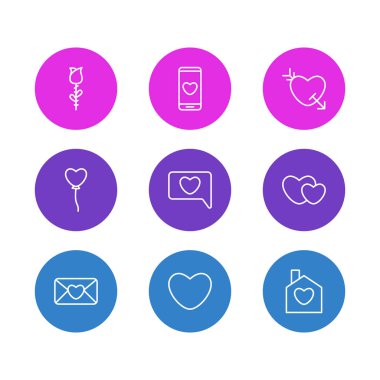 9 aşk simgeler çizgi stili vektör Illustration. Telefon, posta, ruh ve diğer simge öğeleri düzenlenebilir kümesi.