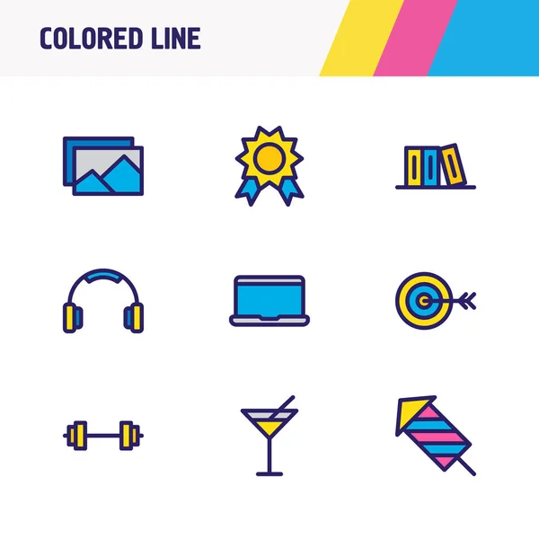 Illustration vectorielle de 9 icônes de loisirs ligne colorée. Ensemble modifiable d'images, d'haltères, de cibles et d'autres éléments d'icône . — Image vectorielle