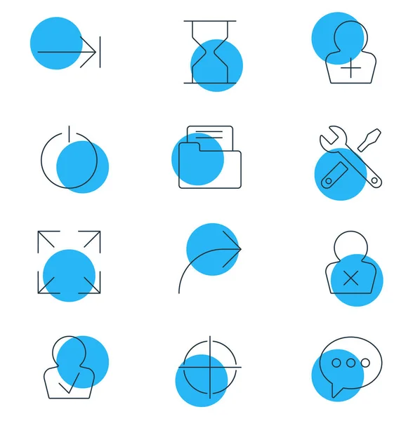 Ilustración vectorial de 12 iconos de IU estilo de línea. Conjunto editable de botón de encendido, publicar, añadir usuario y otros elementos del icono . — Vector de stock