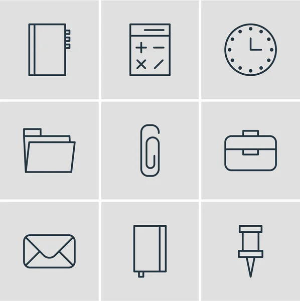 Illustrazione vettoriale di 9 icone di cancelleria stile linea. Set di orologi, valigette, quaderni e altri elementi icona modificabili . — Vettoriale Stock