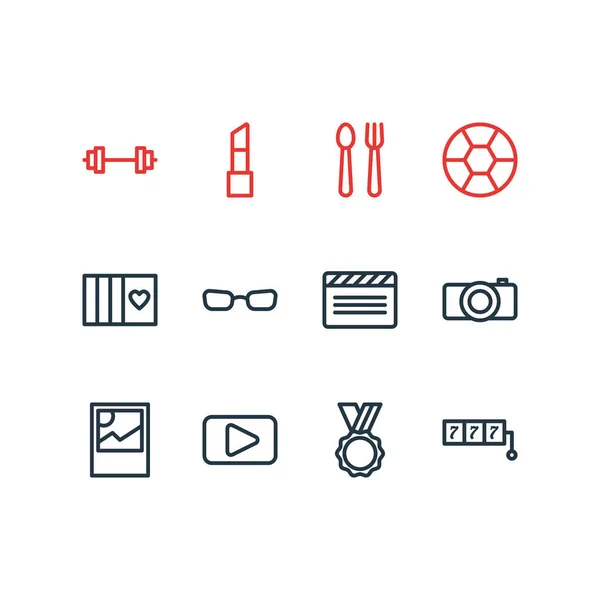 illustration of 12 hobby icons line style. Editable set of card, camera, image and other icon elements.