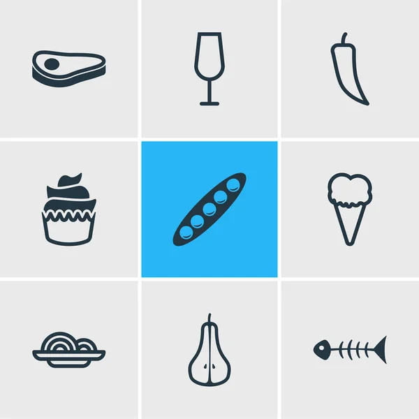 Ilustración de 9 iconos de comer estilo de línea. Conjunto editable de filete, pimentón, fideos y otros elementos del icono . — Foto de Stock