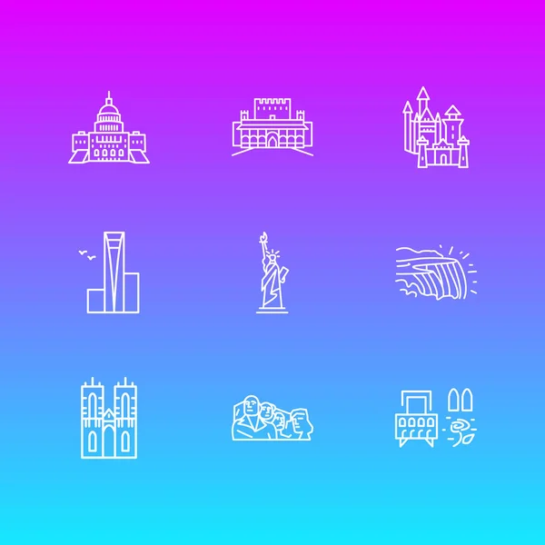 Illustration von 9 History Icons Linienstil. Editierbares Set von Mount Rushmore, Freiheitsstatue, Kapitol-Hügel und anderen Symbolelementen. — Stockfoto