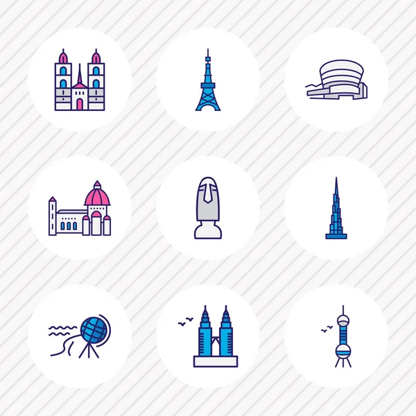 Illustration de 9 icônes touristiques ligne colorée. Ensemble modifiable de tours jumelles petronas, centre-ville, cathédrale florence et autres éléments emblématiques. — Photo