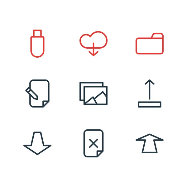 Ilustración de 9 iconos de almacenamiento estilo de línea. Conjunto editable de push, carpeta, memoria y otros elementos del icono . — Foto de Stock