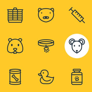 9 hayvan simgesi çizgisi biçiminin vektör illüstrasyonu. Düzenlenebilir köpek maması konservesi, fare, hamster kafesi ve diğer ikon elementler..