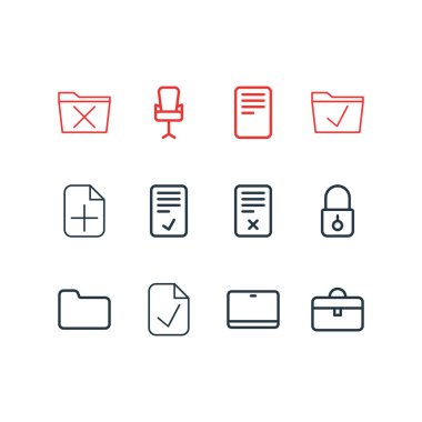 12 büro simge satırı biçiminin vektör illüstrasyonu. Düzenlenebilir ofis sandalyesi, tablet, onay ve diğer simge ögeleri.