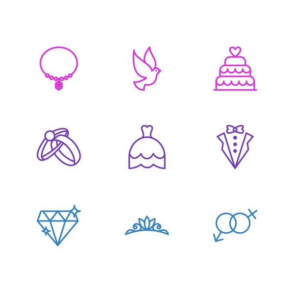 Ilustración vectorial de 9 iconos de la boda estilo de línea. Conjunto editable de vestido de novia, anillos, traje de novio y otros elementos del icono . — Archivo Imágenes Vectoriales