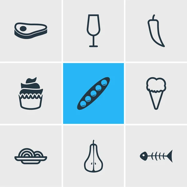 Vektor illusztrációja 9 étkezés ikonok vonal stílusban. Szerkeszthető steak, paprika, tészta és egyéb ikonelemek. — Stock Vector