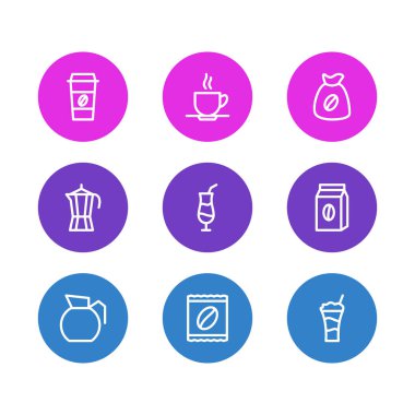 9 içki ikonu çizgisi çizimi. Düzenlenebilir çay tabağı, plastik bardak, latte ve diğer simge elementleri.