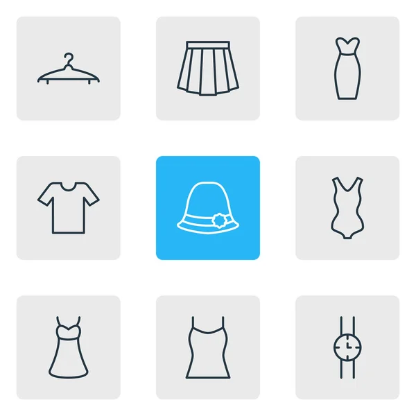 Illustration de 9 icônes de vêtements style ligne. Ensemble modifiable de sarafan, montre, maillot de bain et autres éléments d'icône. — Photo