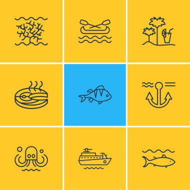 9 denizcilik simgesi çizgisi çizimi. Düzenlenebilir levrek seti, ada barı, ahtapot simgesi elementleri.