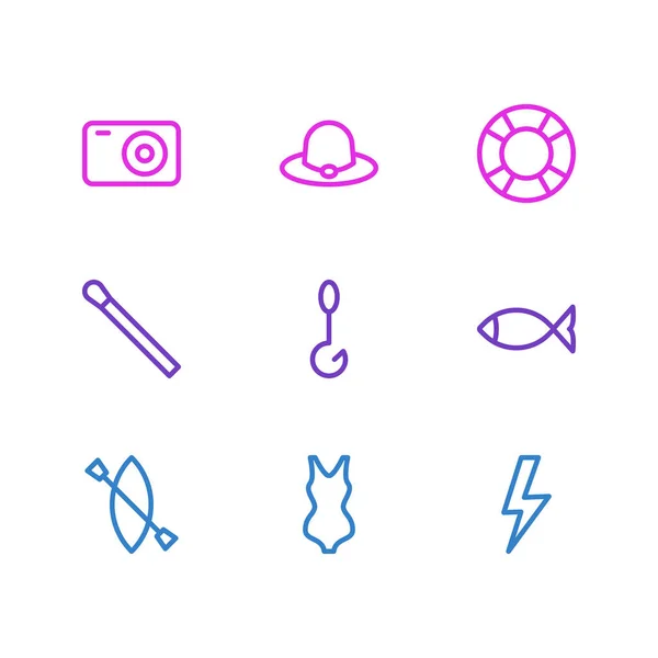 Vektor illusztrációja 9 turisztikai ikonok vonal stílus. Szerkeszthető kalap, fényképezőgép, horgászat és egyéb ikonelemek. — Stock Vector