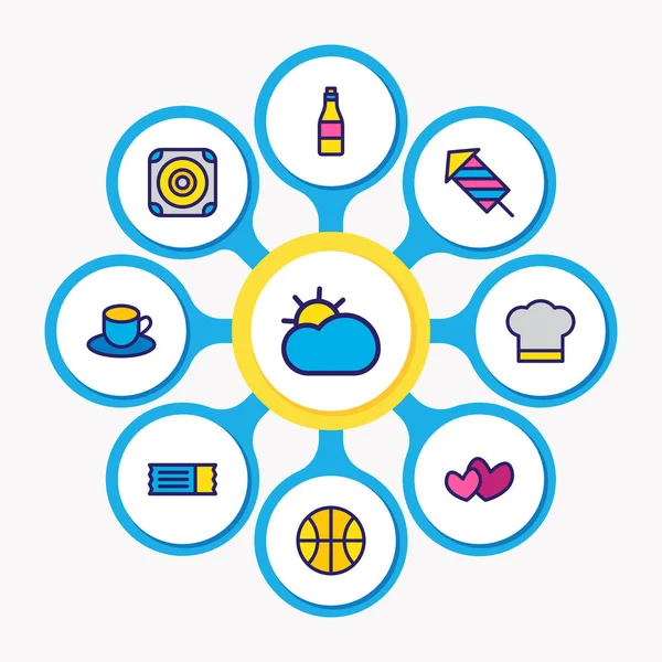 Ilustración vectorial de 9 iconos de alegría línea de color. Conjunto editable de té, sombrero de cocinero, altavoz y otros elementos del icono . — Archivo Imágenes Vectoriales