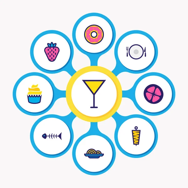 Abbildung von 9 Mahlzeiten Symbole farbige Linie. Essbares Set aus Kuchen, Gericht, Cocktail und anderen Symbolelementen. — Stockfoto