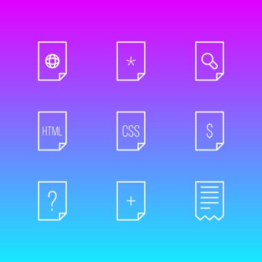 9 sayfa simge satırı biçiminin vektör illüstrasyonu. Düzenlenebilir ağ kümesi, bozuk, büyüteç ve diğer simge ögeleri.