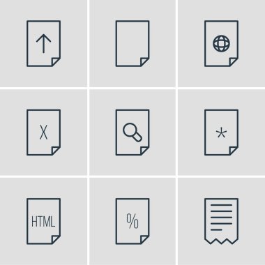 9 sayfa simge satırı biçiminin vektör illüstrasyonu. Düzenlenebilir gönderme, sözleşme, bozuk ve diğer simge ögeleri.