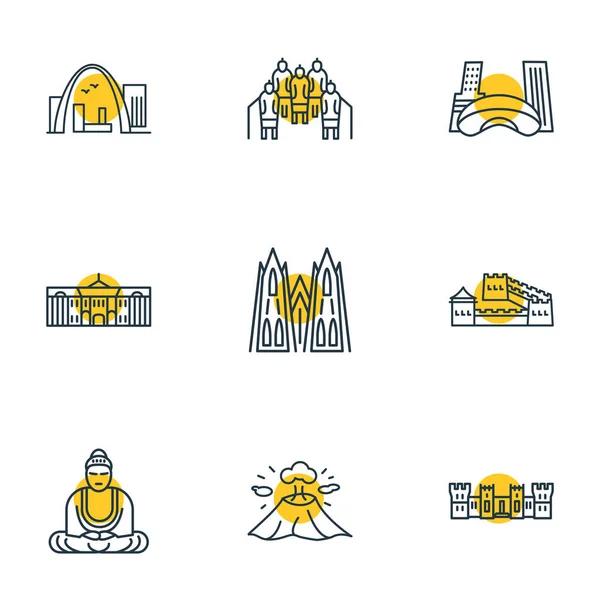 Vektor illusztrációja 9 turisztikai ikonok vonal stílus. Szerkeszthető felhő kapu, kölni katedrális, téli palota és egyéb ikon elemek. — Stock Vector