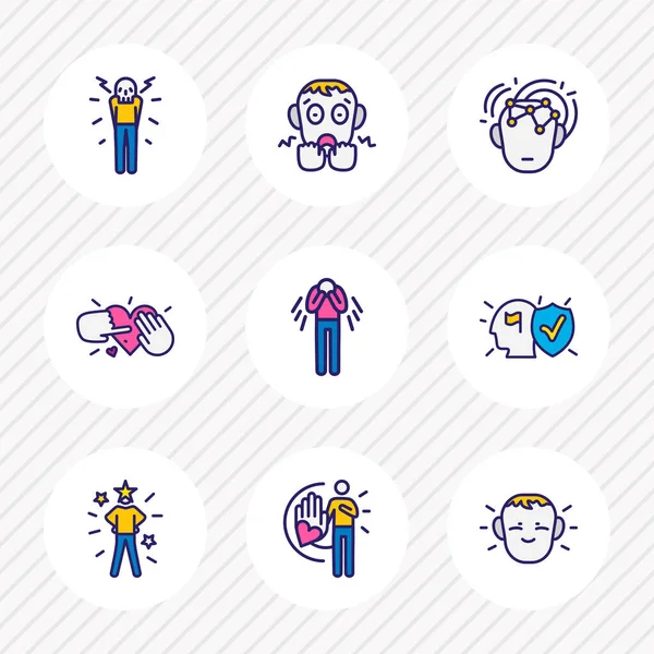 Vektor illustration av 9 emoji ikoner färgad linje. Redigerbar uppsättning intelligens, ömhet, tillit och andra ikonelement. — Stock vektor