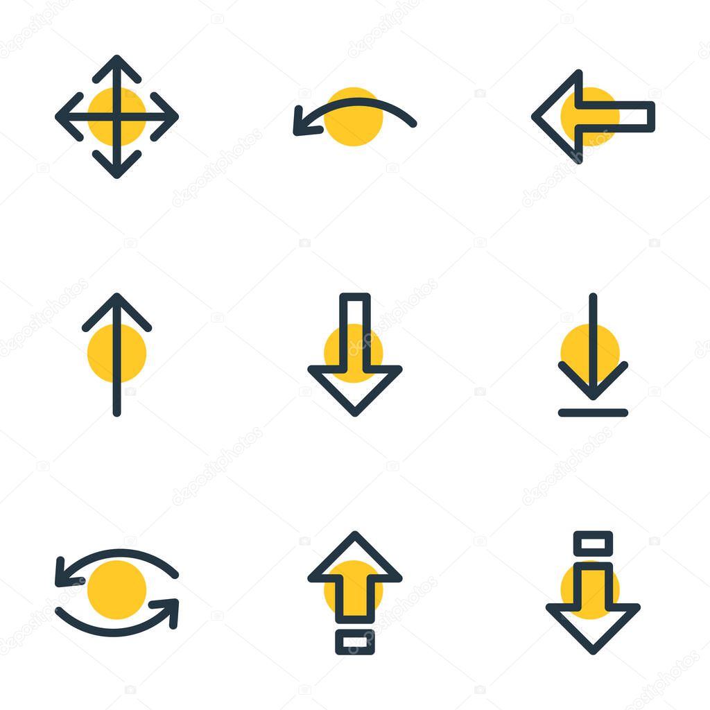 Vector illustration of 9 arrows icons line style. Editable set of enlarge, left, caps lock and other icon elements.
