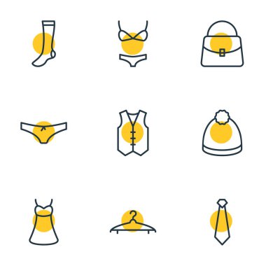 9 giysi simgesi çizimi. Düzenlenebilir kravat, yelek, bere ve diğer simge ögeleri.